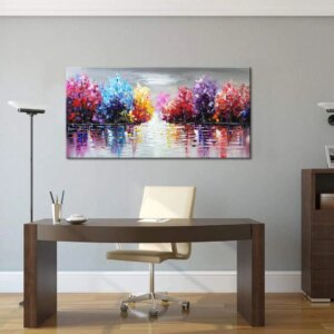 Large Hand Painted Oil Painting Purple Abstract Textured Tree Wall Art Lake Landscape Oil Painting Handmade On Canvas Home Decor