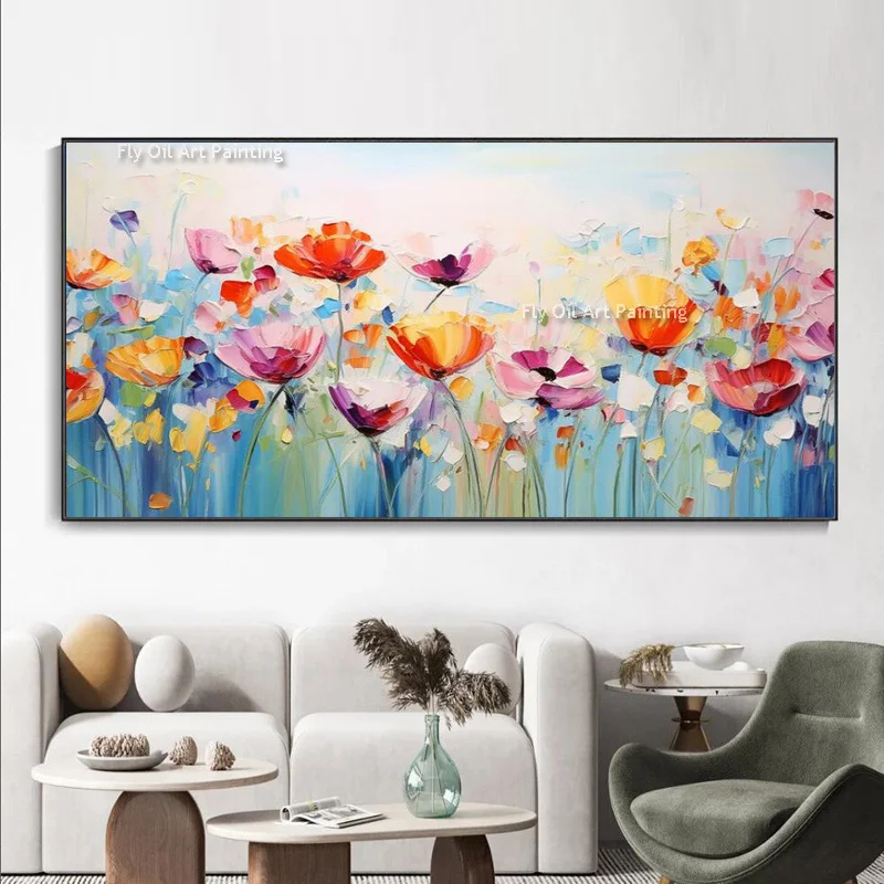 Abstract Golden White Flowers Hand Painted Oil Painting On Canvas Art Wall Pictures Painting For Living Room Home Decor Gift