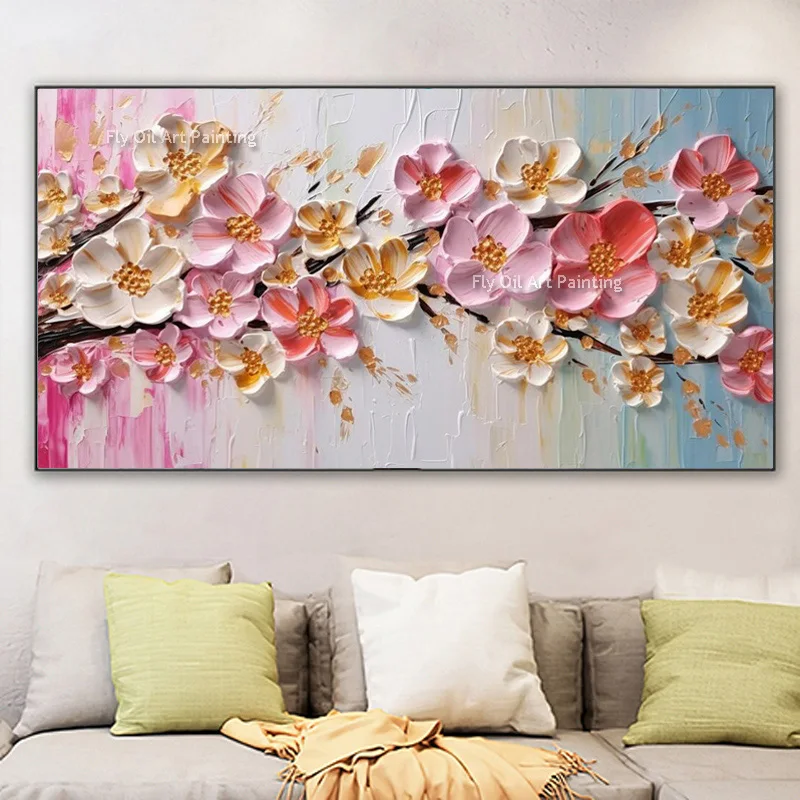 Abstract Golden White Flowers Hand Painted Oil Painting On Canvas Art Wall Pictures Painting For Living Room Home Decor Gift