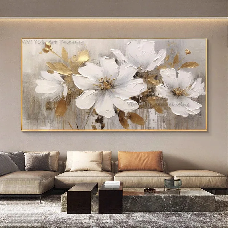 Abstract Golden White Flowers Hand Painted Oil Painting On Canvas Art Wall Pictures Painting For Living Room Home Decor Gift