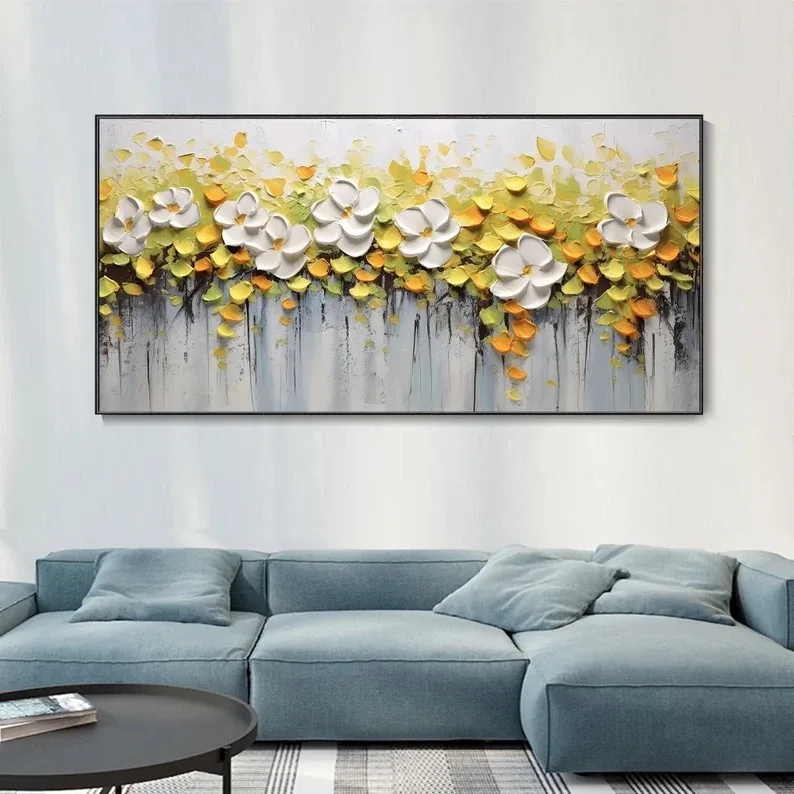 Abstract Golden White Flowers Hand Painted Oil Painting On Canvas Art Wall Pictures Painting For Living Room Home Decor Gift