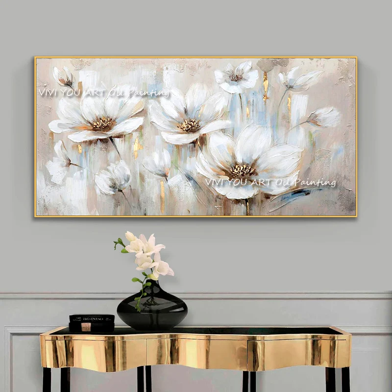 Abstract Golden White Flowers Hand Painted Oil Painting On Canvas Art Wall Pictures Painting For Living Room Home Decor Gift