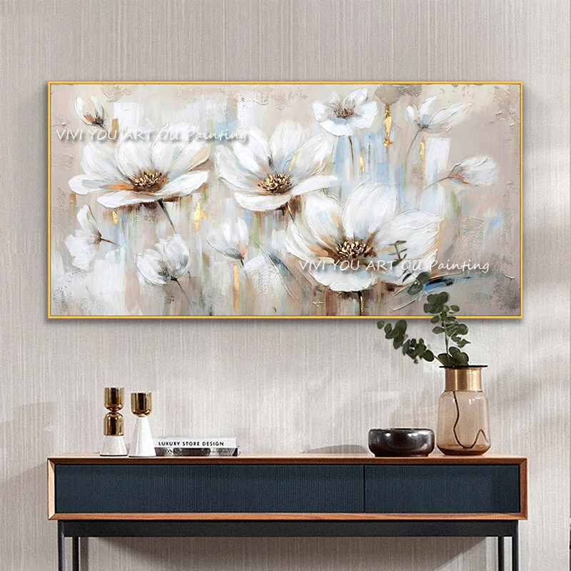 Abstract Golden White Flowers Hand Painted Oil Painting On Canvas Art Wall Pictures Painting For Living Room Home Decor Gift