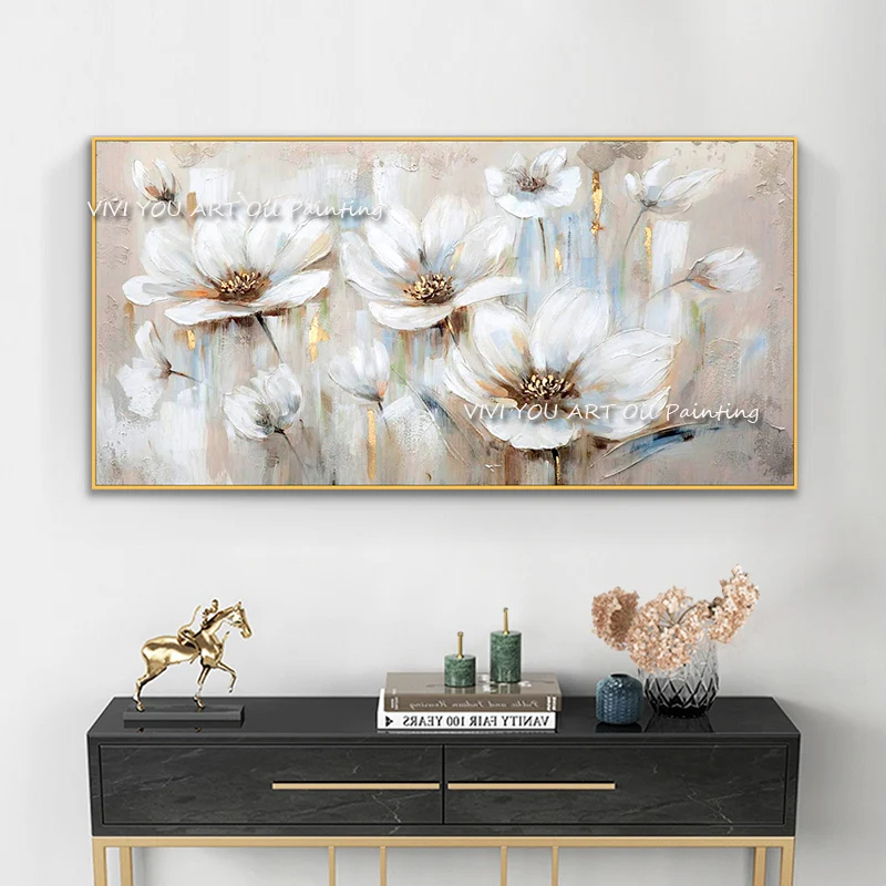 Abstract Golden White Flowers Hand Painted Oil Painting On Canvas Art Wall Pictures Painting For Living Room Home Decor Gift