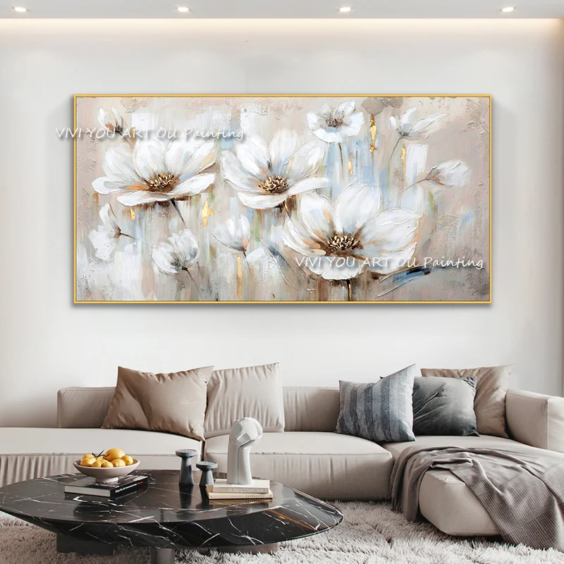 Abstract Golden White Flowers Hand Painted Oil Painting On Canvas Art Wall Pictures Painting For Living Room Home Decor Gift