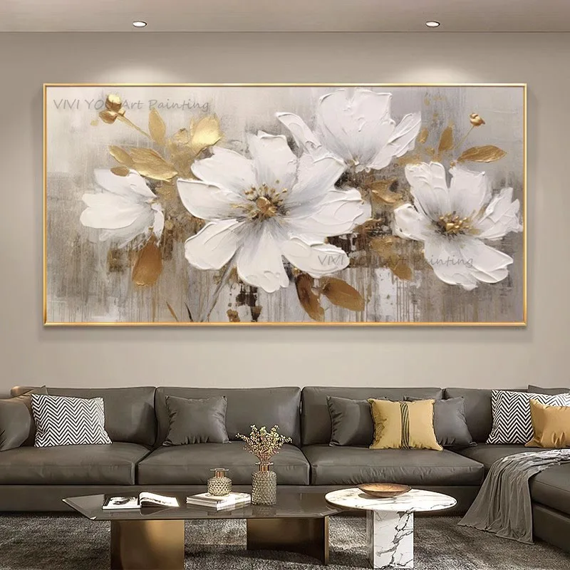 Abstract Golden White Flowers Hand Painted Oil Painting On Canvas Art Wall Pictures Painting For Living Room Home Decor Gift