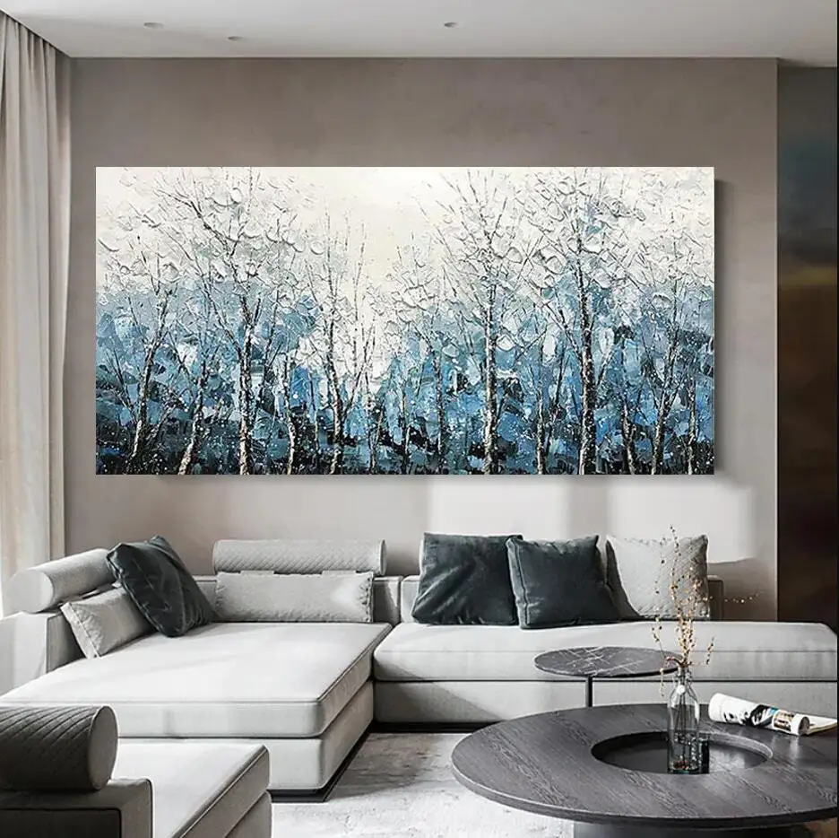 Abstract Hand Painted Forest Painting Canvas Painting Wall Art Textured Impasto Blue White Posters Prints Living Room Home Decor
