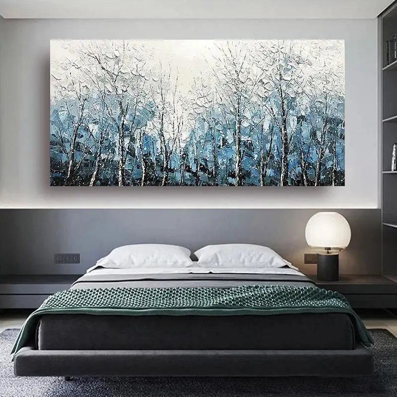 Abstract Hand Painted Forest Painting Canvas Painting Wall Art Textured Impasto Blue White Posters Prints Living Room Home Decor