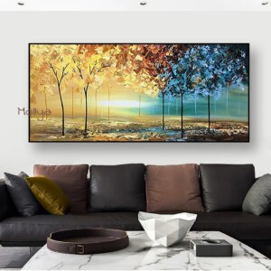 100% New Handmade Modern Abstract Thick Gold Oil Painting On Canvas Blue Red Yellow Forest Knife Wall Art Decor Unframed Picture