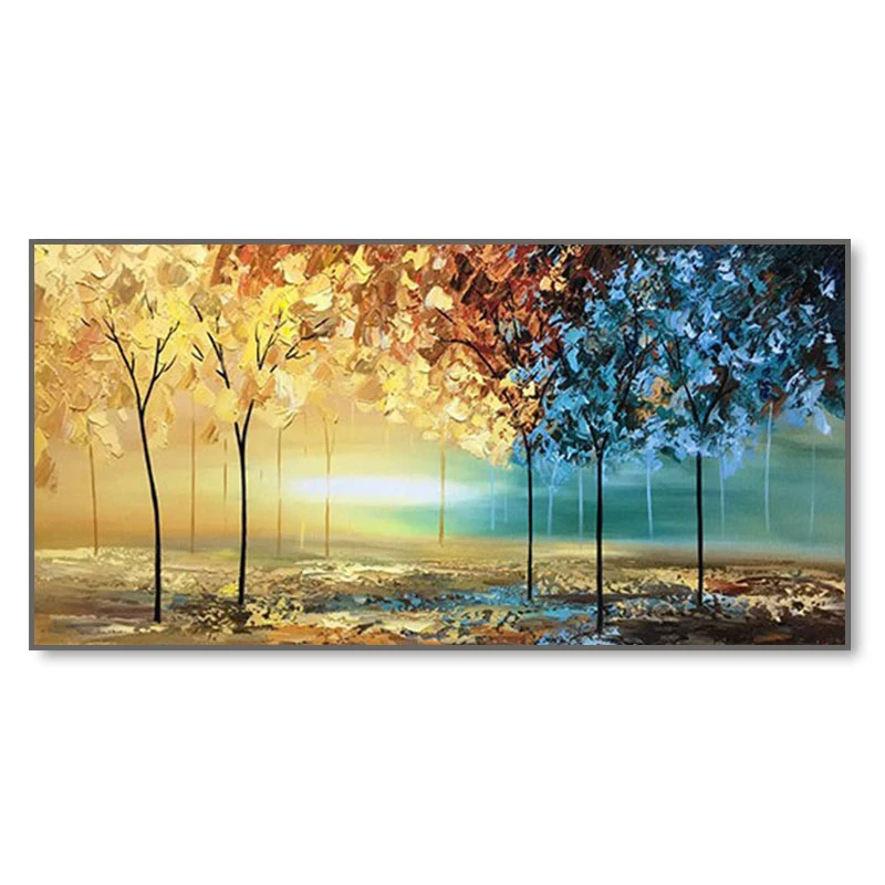 100% New Handmade Modern Abstract Thick Gold Oil Painting On Canvas Blue Red Yellow Forest Knife Wall Art Decor Unframed Picture
