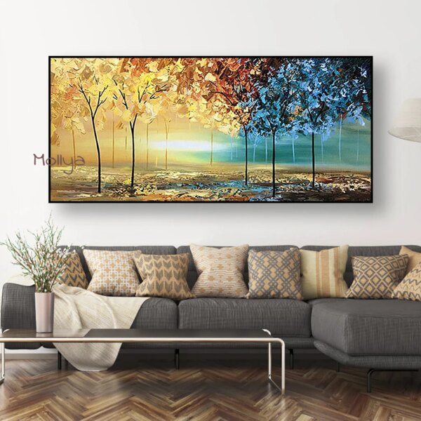 100% New Handmade Modern Abstract Thick Gold Oil Painting On Canvas Blue Red Yellow Forest Knife Wall Art Decor Unframed Picture - Image 2