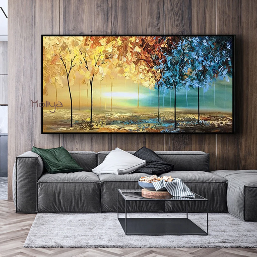 100% New Handmade Modern Abstract Thick Gold Oil Painting On Canvas Blue Red Yellow Forest Knife Wall Art Decor Unframed Picture