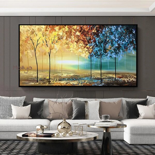 100% New Handmade Modern Abstract Thick Gold Oil Painting On Canvas Blue Red Yellow Forest Knife Wall Art Decor Unframed Picture - Image 4