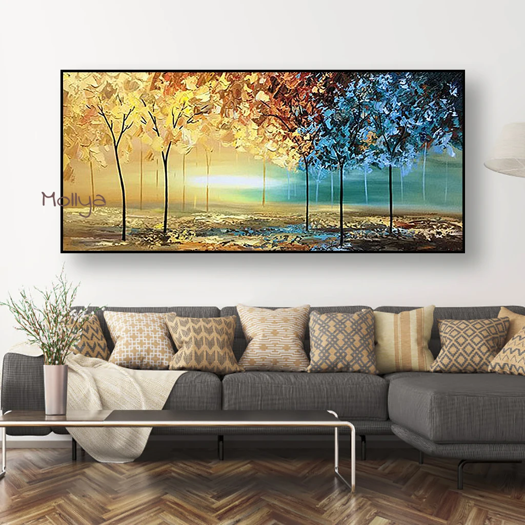 100% New Handmade Modern Abstract Thick Gold Oil Painting On Canvas Blue Red Yellow Forest Knife Wall Art Decor Unframed Picture