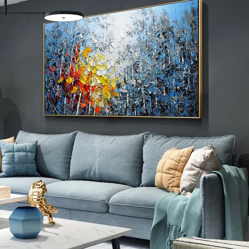 Large Oil Painting On Canvas Blue Sky&Colorful Forest Paintings Living Room Wall Art Hand-painted Textured Impasto Painting Gift