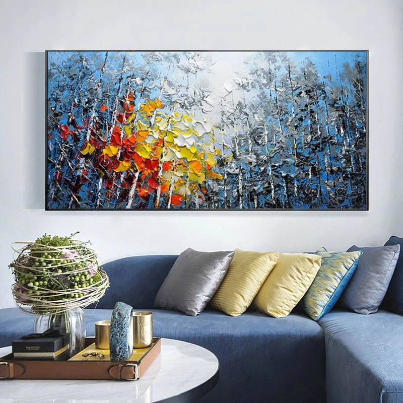 Large Oil Painting On Canvas Blue Sky&Colorful Forest Paintings Living Room Wall Art Hand-painted Textured Impasto Painting Gift
