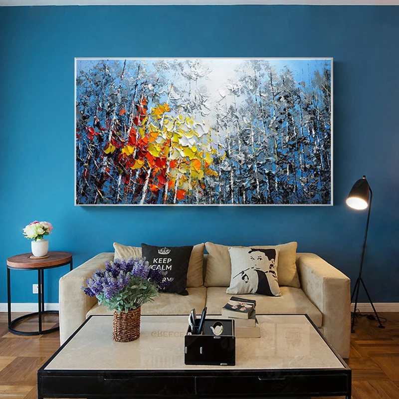Large Oil Painting On Canvas Blue Sky&Colorful Forest Paintings Living Room Wall Art Hand-painted Textured Impasto Painting Gift