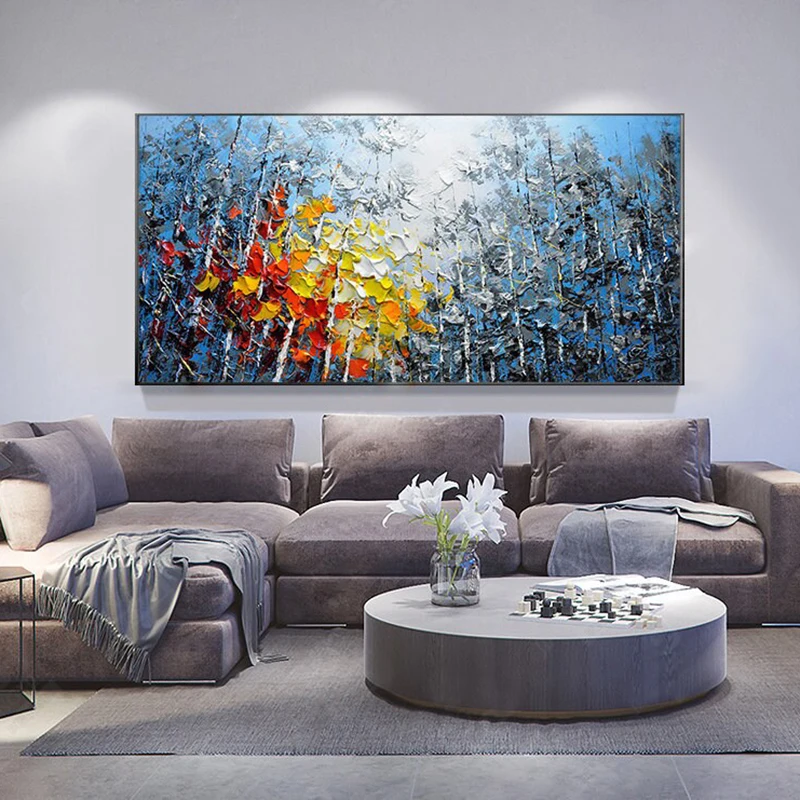Large Oil Painting On Canvas Blue Sky&Colorful Forest Paintings Living Room Wall Art Hand-painted Textured Impasto Painting Gift