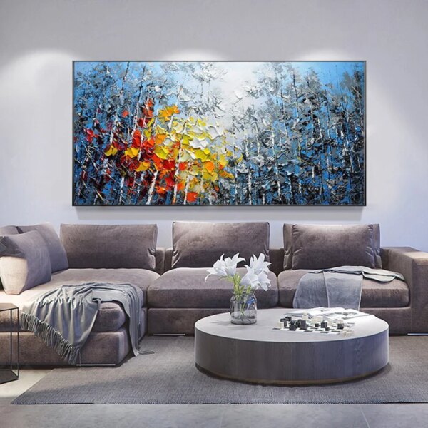 Large Oil Painting On Canvas Blue Sky&Colorful Forest Paintings Living Room Wall Art Hand-painted Textured Impasto Painting Gift - Image 6