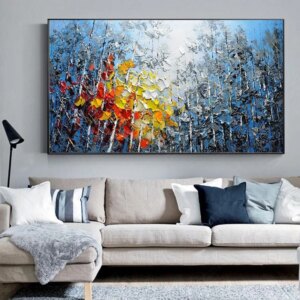 Large Oil Painting On Canvas Blue Sky&Colorful Forest Paintings Living Room Wall Art Hand-painted Textured Impasto Painting Gift