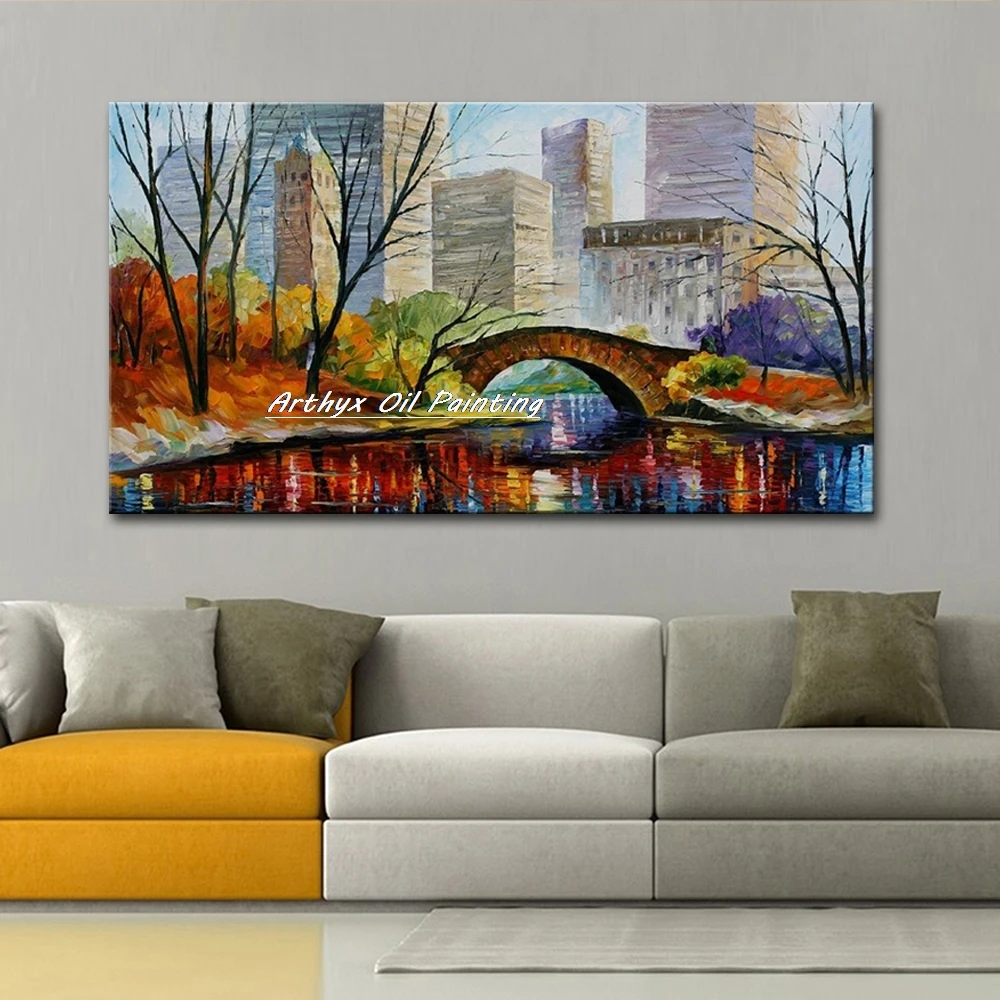 Handmade Knife Tree Oil Painting on Canvas,Abstract City Landscape Posters,Modern Wall Art Pictures,Home Decoration,Best Artwork