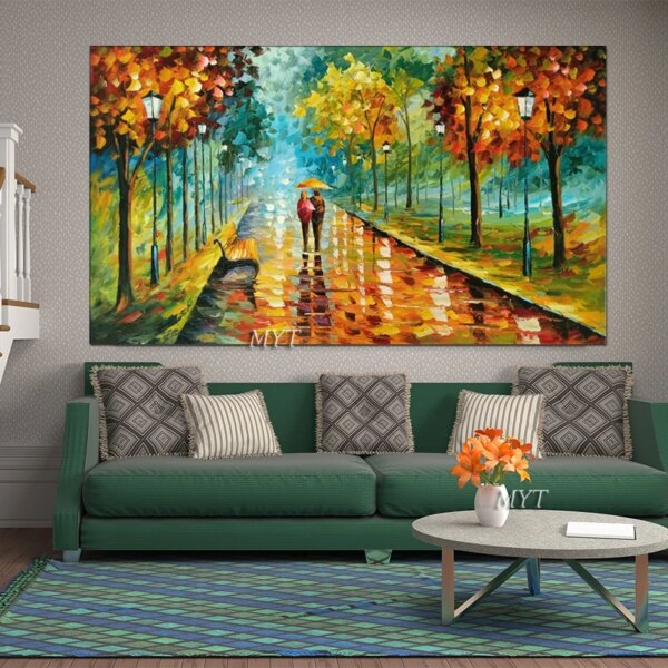 Hand Painted Rain Street Tree Lamp Knife Landscape Oil Painting On Canvas Wall Art Picture Living Room Bedroom Wall No Framed - Image 6