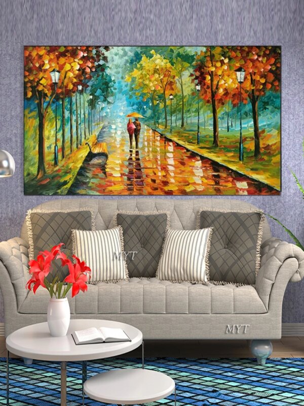 Hand Painted Rain Street Tree Lamp Knife Landscape Oil Painting On Canvas Wall Art Picture Living Room Bedroom Wall No Framed - Image 4