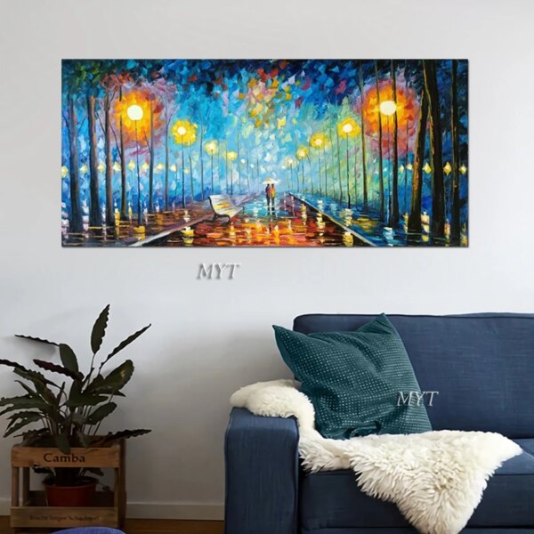 Hand Painted Rain Street Tree Lamp Knife Landscape Oil Painting On Canvas Wall Art Picture Living Room Bedroom Wall No Framed - Image 5