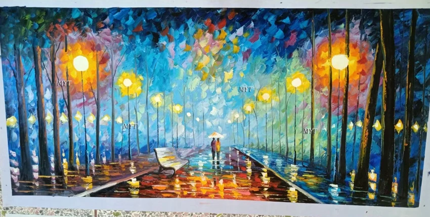 Hand Painted Rain Street Tree Lamp Knife Landscape Oil Painting On Canvas Wall Art Picture Living Room Bedroom Wall No Framed