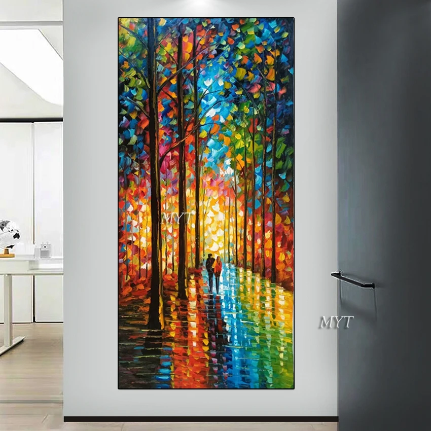 Hand Painted Rain Street Tree Lamp Knife Landscape Oil Painting On Canvas Wall Art Picture Living Room Bedroom Wall No Framed