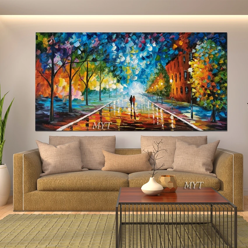 Hand Painted Rain Street Tree Lamp Knife Landscape Oil Painting On Canvas Wall Art Picture Living Room Bedroom Wall No Framed