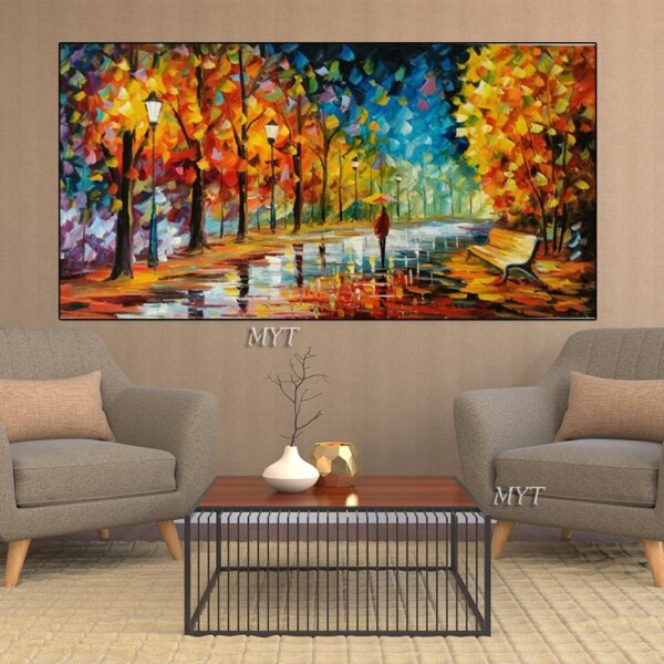 Hand Painted Rain Street Tree Lamp Knife Landscape Oil Painting On Canvas Wall Art Picture Living Room Bedroom Wall No Framed - Image 2