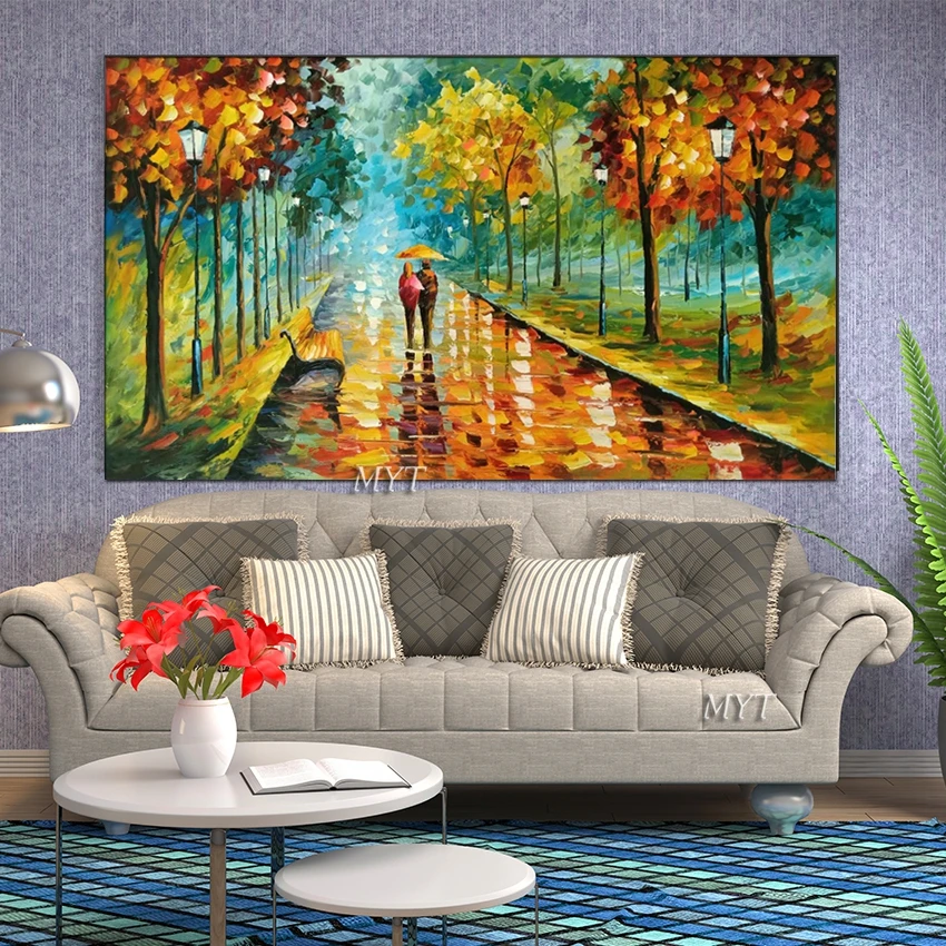 Hand Painted Rain Street Tree Lamp Knife Landscape Oil Painting On Canvas Wall Art Picture Living Room Bedroom Wall No Framed