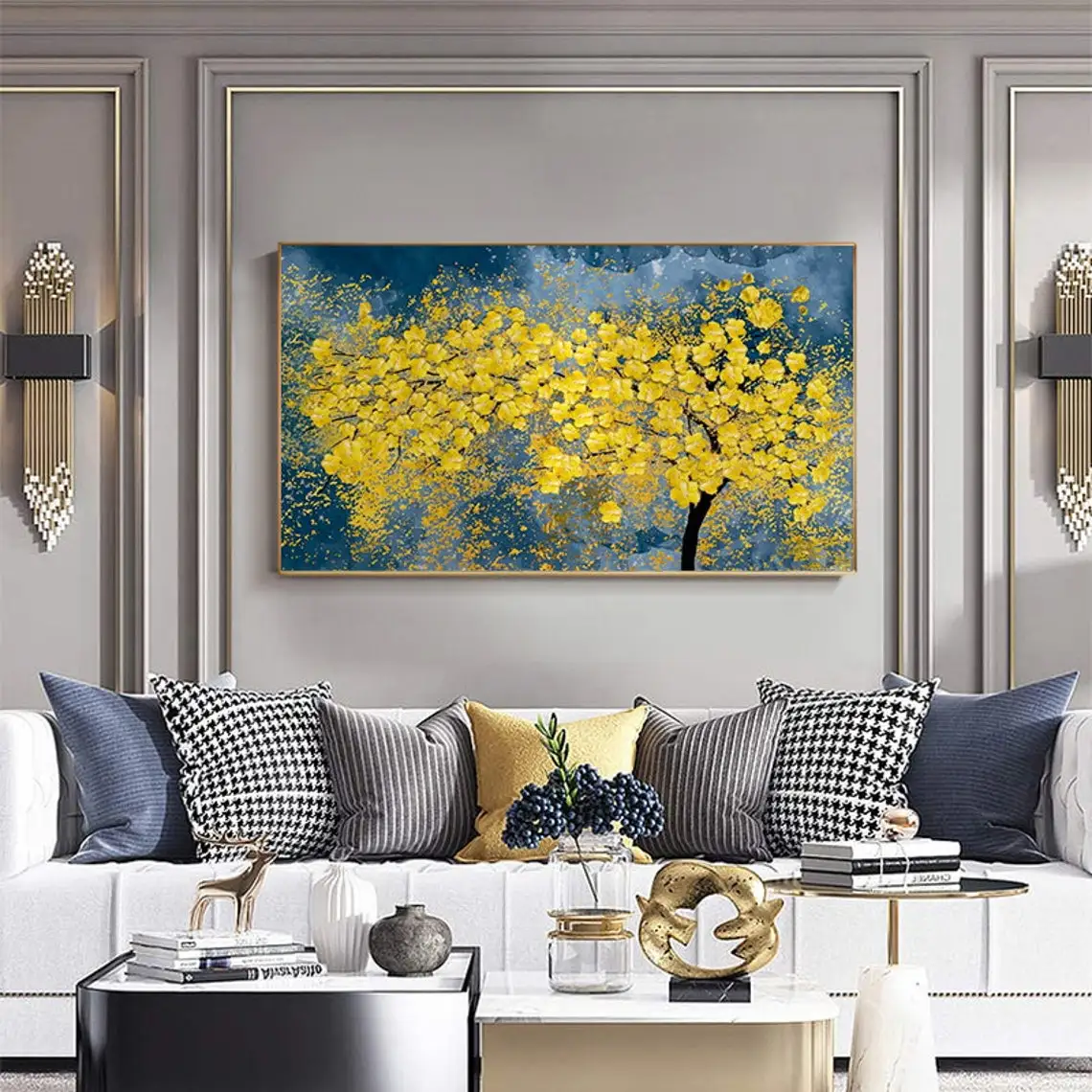 Large Hand Painted Oil Painting On Canvas Blue Sky Green Forest Landscape Wall Art Handmade Heavy Textured Wall Decor Home Decor