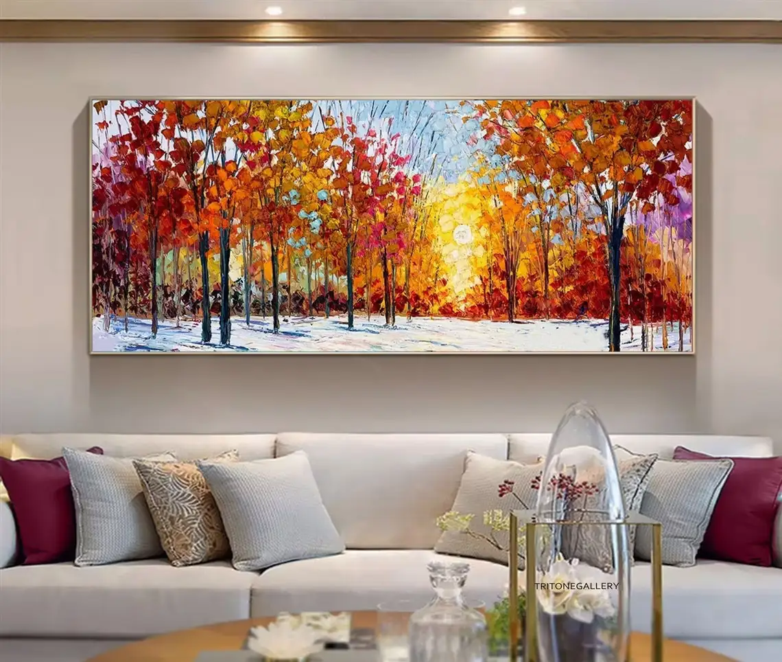 Large Hand Painted Oil Painting On Canvas Blue Sky Green Forest Landscape Wall Art Handmade Heavy Textured Wall Decor Home Decor