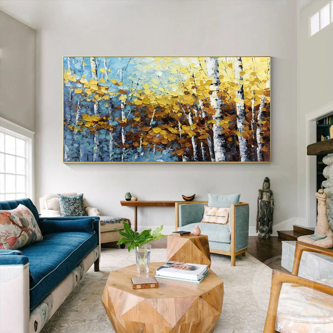 Large Hand Painted Oil Painting On Canvas Blue Sky Green Forest Landscape Wall Art Handmade Heavy Textured Wall Decor Home Decor
