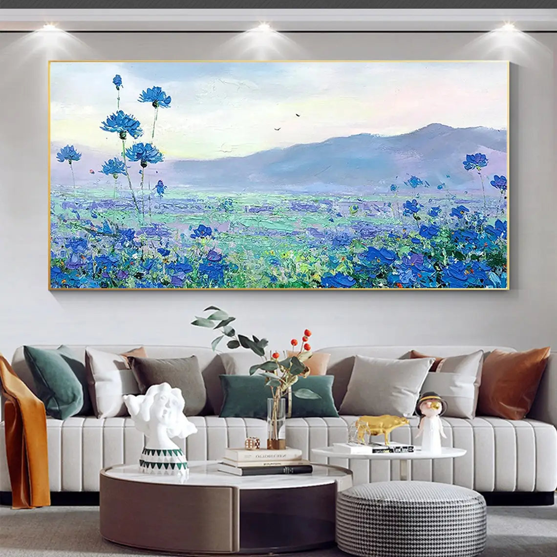 Large Hand Painted Oil Painting On Canvas Blue Sky Green Forest Landscape Wall Art Handmade Heavy Textured Wall Decor Home Decor