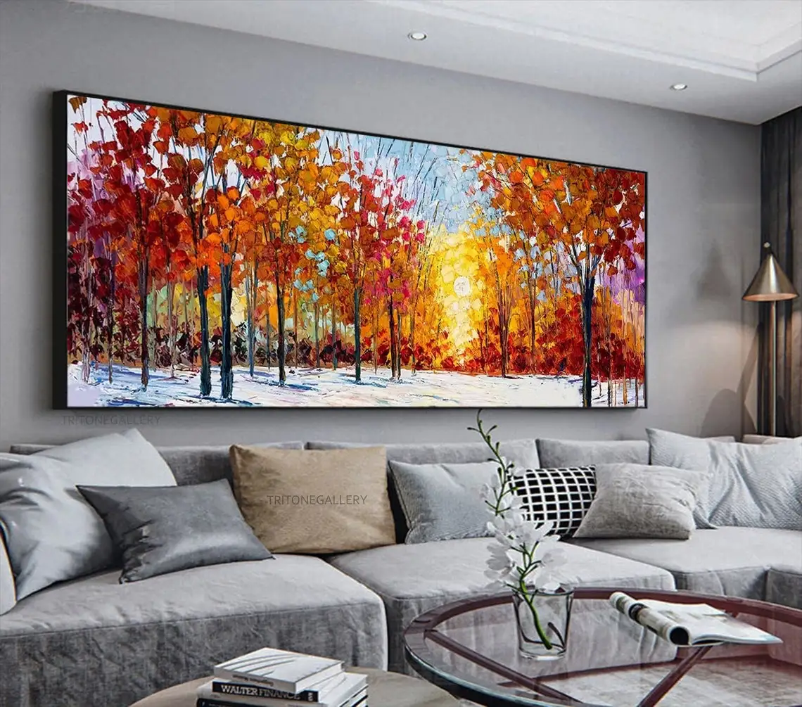 Large Hand Painted Oil Painting On Canvas Blue Sky Green Forest Landscape Wall Art Handmade Heavy Textured Wall Decor Home Decor