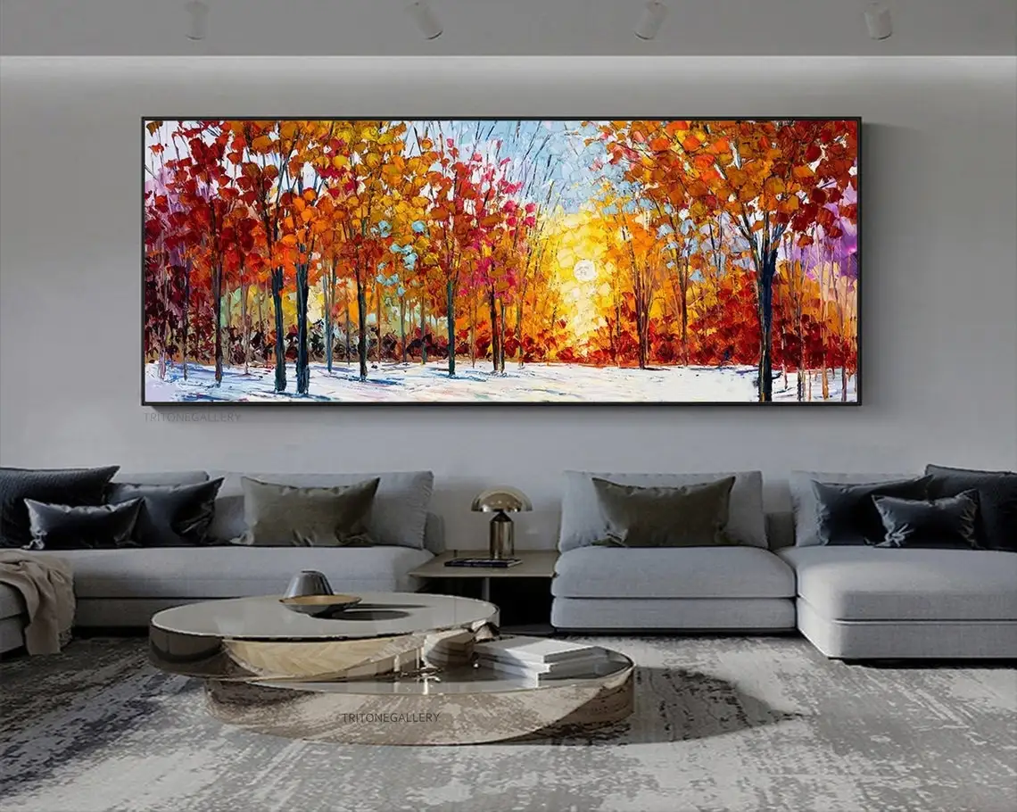 Large Hand Painted Oil Painting On Canvas Blue Sky Green Forest Landscape Wall Art Handmade Heavy Textured Wall Decor Home Decor