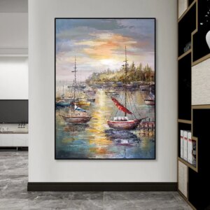Modern Hand Painted Oil Painting on Canvas Sailing Boat on The Sea Abstract Painting Wall Art for Living Room Bedroom Home Decor