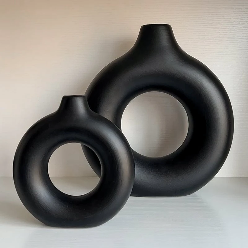 Imitation Ceramic Pure White Vase Decorative Vasen Single Branch Flower Arranging Ornament Donut Design Flowerpot Table Decor