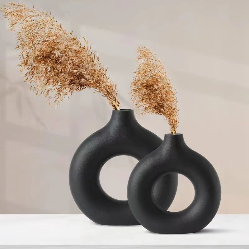 Imitation Ceramic Pure White Vase Decorative Vasen Single Branch Flower Arranging Ornament Donut Design Flowerpot Table Decor