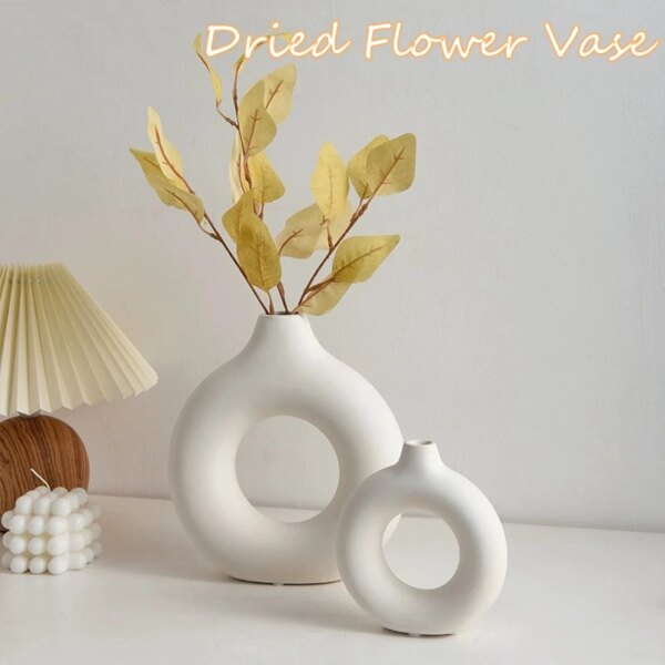 Imitation Ceramic Pure White Vase Decorative Vasen Single Branch Flower Arranging Ornament Donut Design Flowerpot Table Decor - Image 3