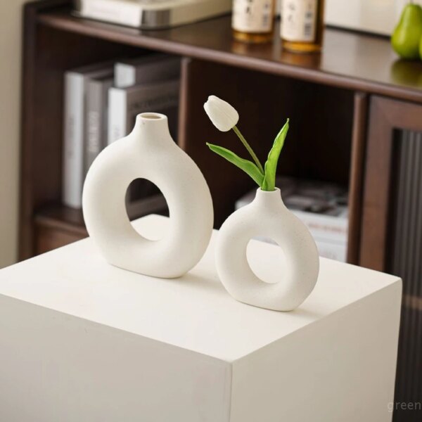 Imitation Ceramic Pure White Vase Decorative Vasen Single Branch Flower Arranging Ornament Donut Design Flowerpot Table Decor - Image 6