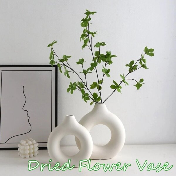 Imitation Ceramic Pure White Vase Decorative Vasen Single Branch Flower Arranging Ornament Donut Design Flowerpot Table Decor - Image 2