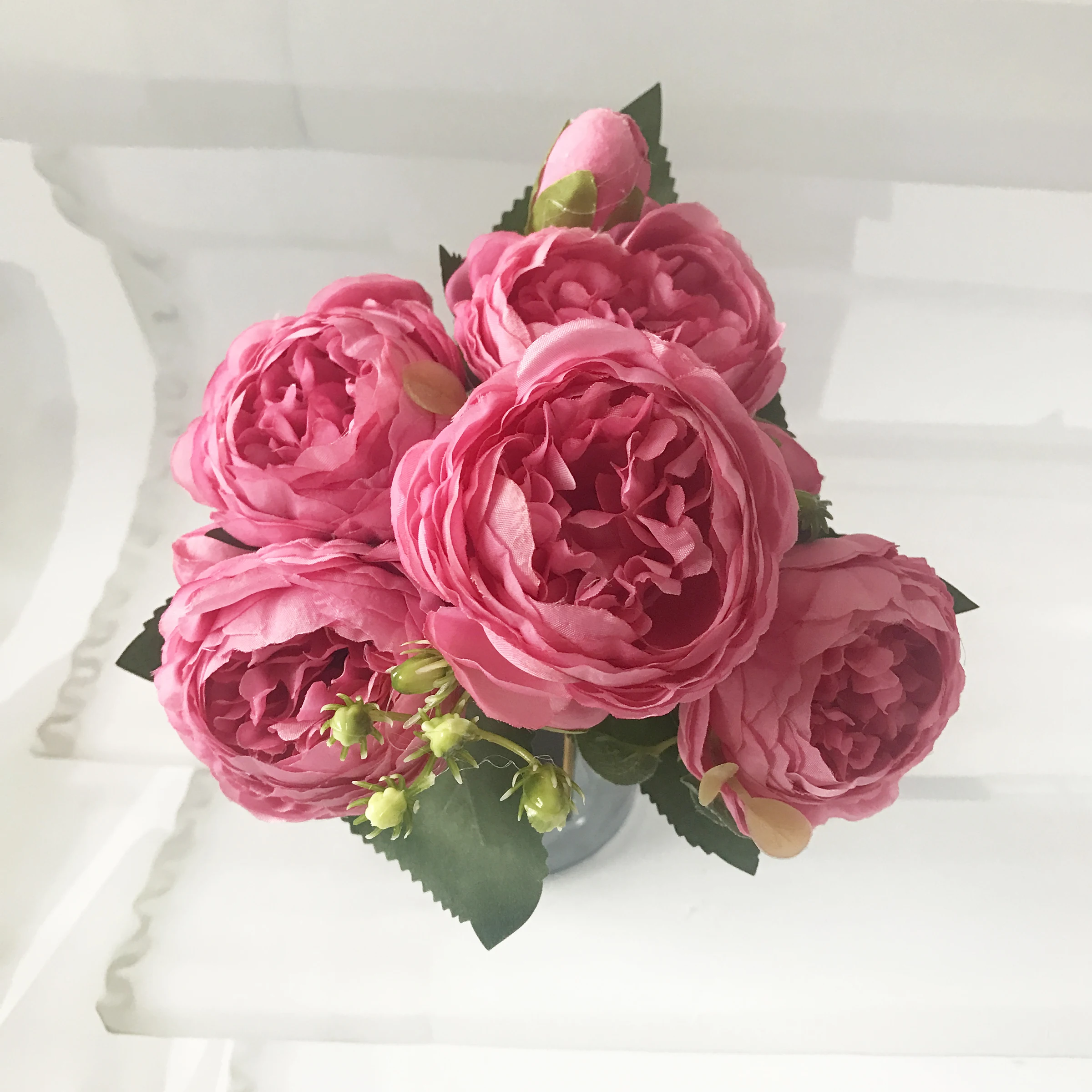 30cm Rose Pink Silk Peony Artificial Flowers Bouquet 5 Big Head for Home Wedding Decoration indoor