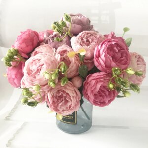 30cm Rose Pink Silk Peony Artificial Flowers Bouquet 5 Big Head for Home Wedding Decoration indoor