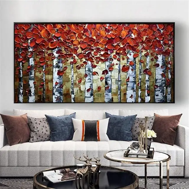 Hand Painted Birch Tree Landscape Oil Painting on Canvas  Modern Wall Art for Living Room Decor Salon Artwork  Thick Knife Techn