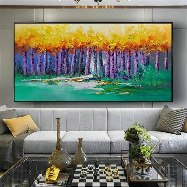Hand Painted Birch Tree Landscape Oil Painting on Canvas  Modern Wall Art for Living Room Decor Salon Artwork  Thick Knife Techn