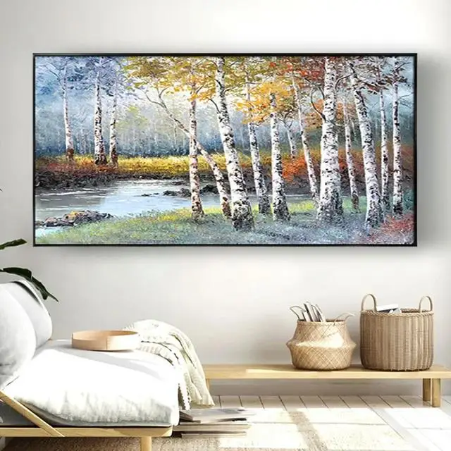 Hand Painted Birch Tree Landscape Oil Painting on Canvas  Modern Wall Art for Living Room Decor Salon Artwork  Thick Knife Techn
